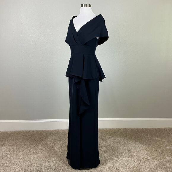 Aidan Mattox Shawl Collar A-Line Evening Gown Blue Size 4 Ruffled Thigh Slit - Picture 2 of 13